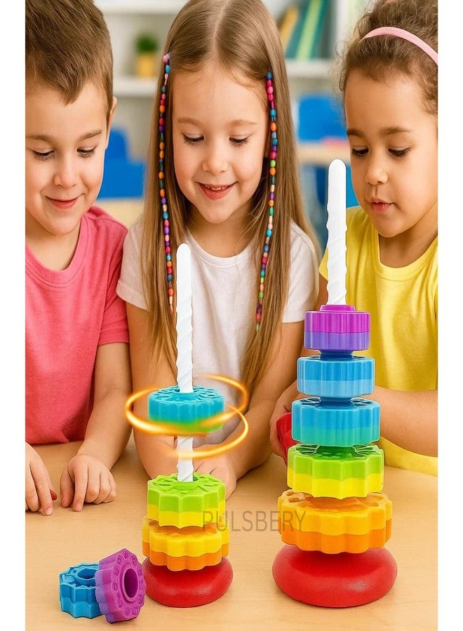 PULSBERY Spinning Stacking Tower for 3+ Kids,Creative Playtime with Rainbow Stacks and Fun with Colorful Gears,Ring Sorting and Learning Through Play,BPA-Free, Non-Toxic (multicolour-8pcs) - Image 4